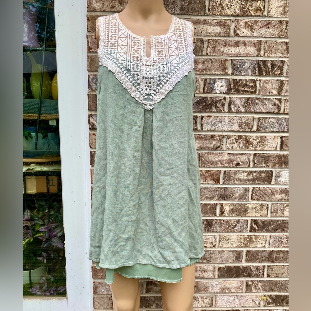 Pale Sage Green & White Crochet Shift Mini Dress/Tunic